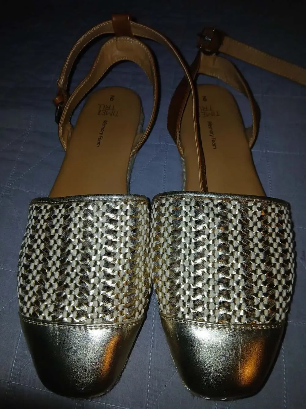 Time and Tru Women's Size 9 Gold Woven Espadrille Ankle Strap Sandals